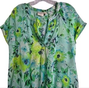 St. Johns Bay Women's Floral Blouse Petite Large Green/Blue/Yellow Lightweight S